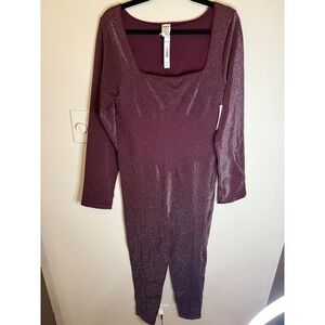 PINK VS Shimmer Seamless Long Sleeve Squareneck Jumpsuit Burgundy Size XXL NWT